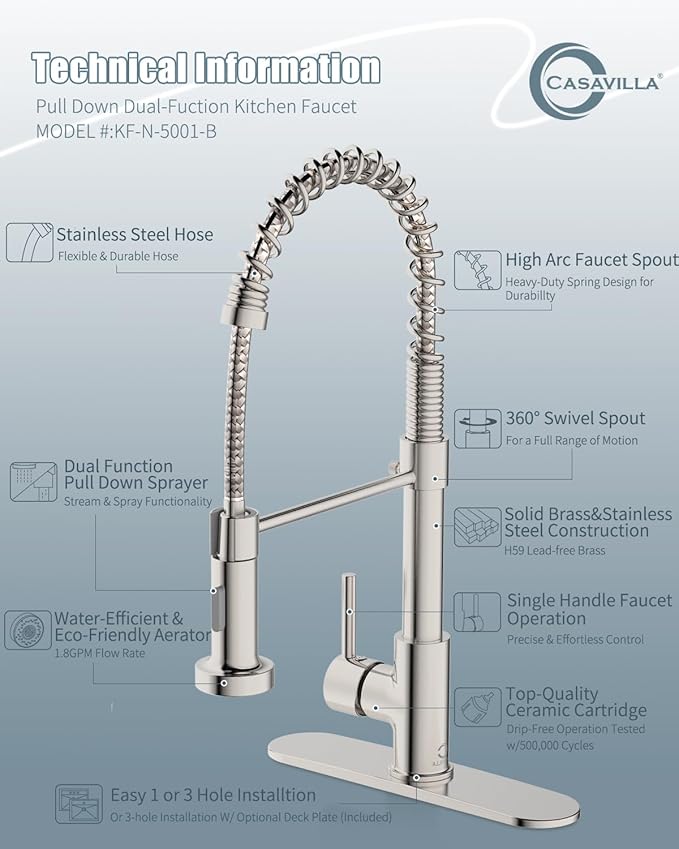 Kitchen Faucet Set, Commercial Kitchen Sink Faucets with Pull Down Sprayer and Soap Dispenser, Stainless Steel Faucets for Kitchen Sinks, Single Handle Spring Kitchen Faucets with Deck Plate