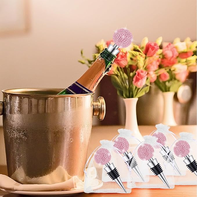 Crystal Wine Bottle Stopper Diamond Wine Stoppers Reusable Zinc Alloy Silicone Beverage Saver Corks Wine Decorative Bottle Stoppers with Sheer Bags for Wedding Bar Gifts(Pink,24 Set)