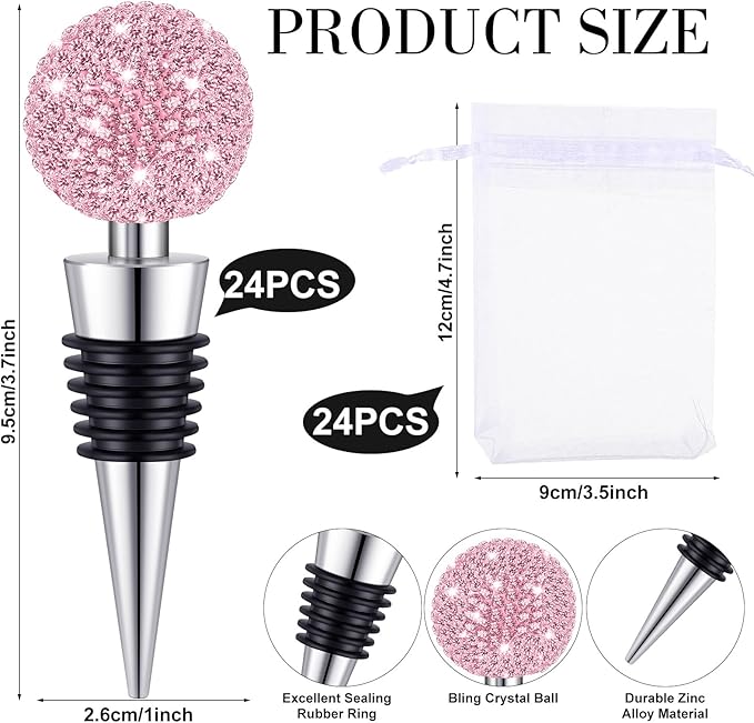 Crystal Wine Bottle Stopper Diamond Wine Stoppers Reusable Zinc Alloy Silicone Beverage Saver Corks Wine Decorative Bottle Stoppers with Sheer Bags for Wedding Bar Gifts(Pink,24 Set)