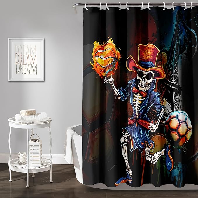 AILONEN Sugar Skull Shower Curtain,Funny Skull Skeleton Design Shower Curtain Set with Hooks for Boys Girls Teens,Skeletons Playing Balls Waterproof Fabric Shower Curtain for Bathroom,60" W*72" H