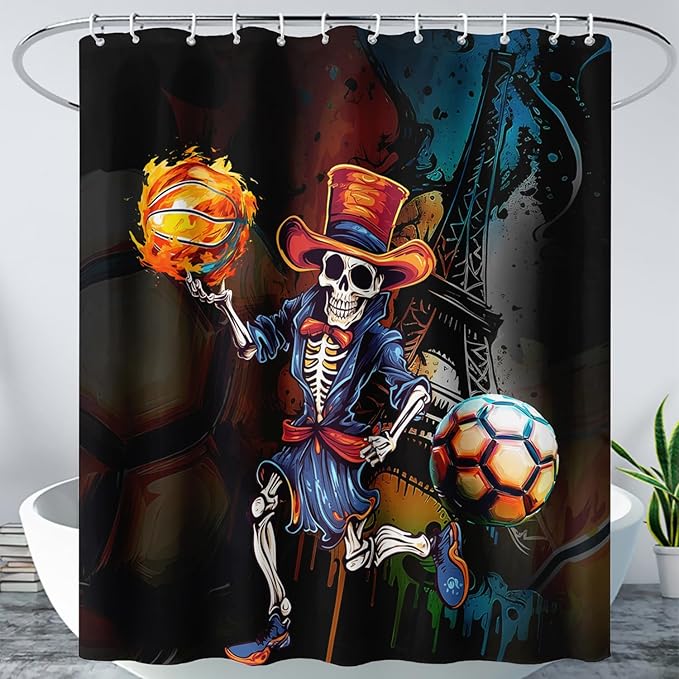AILONEN Sugar Skull Shower Curtain,Funny Skull Skeleton Design Shower Curtain Set with Hooks for Boys Girls Teens,Skeletons Playing Balls Waterproof Fabric Shower Curtain for Bathroom,60" W*72" H