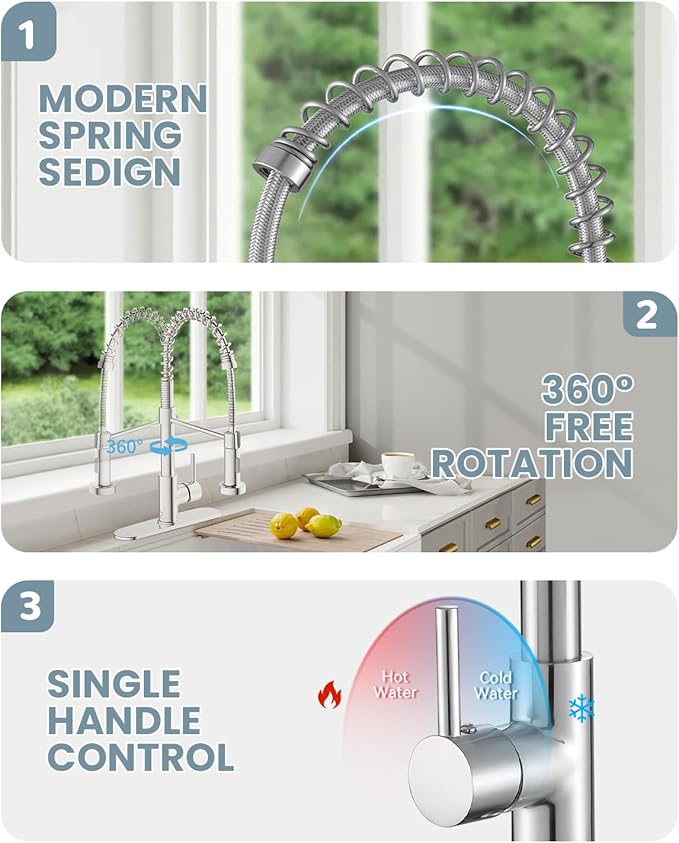 Kitchen Faucet Set, Commercial Kitchen Sink Faucets with Pull Down Sprayer and Soap Dispenser, Stainless Steel Faucets for Kitchen Sinks, Single Handle Spring Kitchen Faucets with Deck Plate