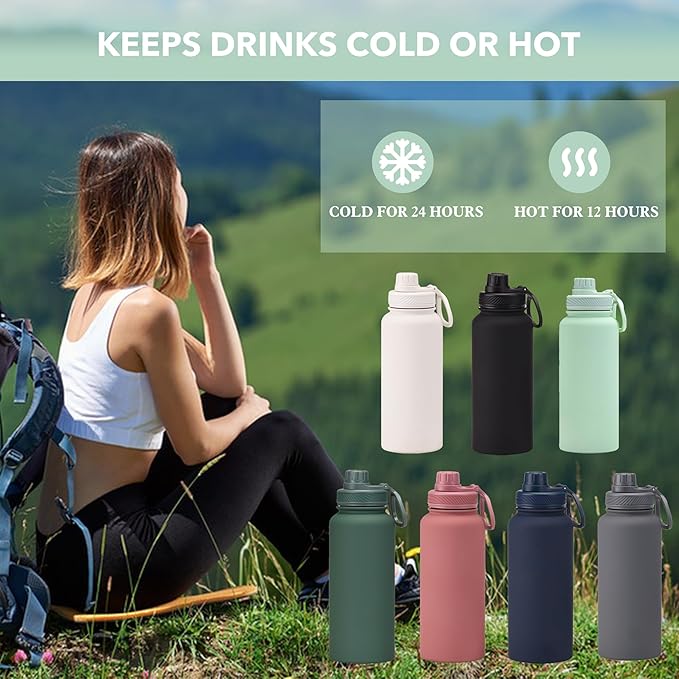 Dark Green 32 OZ Insulated Water Bottle, Forest Green Large Metal Insulated Stainless Steel Water Flask, Big Sports Travel Water Bottle with 2 Lids, Insulated Thermos Thermal Mug Cup