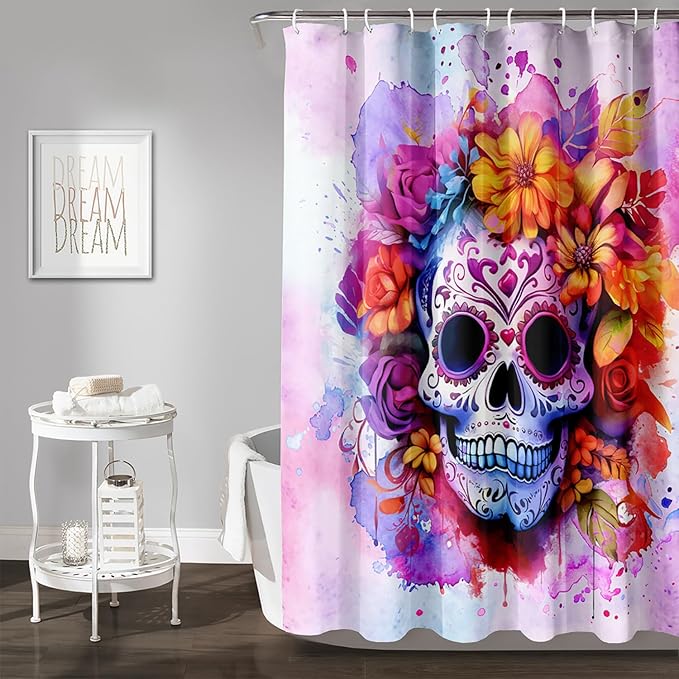 AILONEN Sugar Skull Shower Curtain for Bathroom,Pink Purple Graffiti Flower Art Bathroom Curtain for Kids Girls Teen,Bath Curtain 72" W*78" H Polyester Waterproof Bathroom Curtain with 12 Hooks