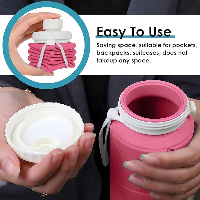 Collapsible Water Bottle 2pcs Foldable Silicone Travel Water Bottle Leakproof Flexible BPA Free Portable,Folding Water Bottle Lightweight for Camping, Hiking,Sports Travel Bottles 23oz
