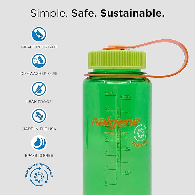 Nalgene Sustain Tritan BPA-Free Water Bottle Made with Material Derived From 50% Plastic Waste, 16 OZ, Wide Mouth, Clementine