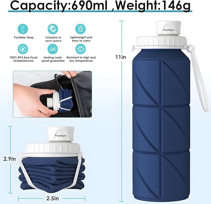 Collapsible Water Bottle 2pcs Foldable Silicone Travel Water Bottle Leakproof Flexible BPA Free Portable,Folding Water Bottle Lightweight for Camping, Hiking,Sports Travel Bottles 23oz