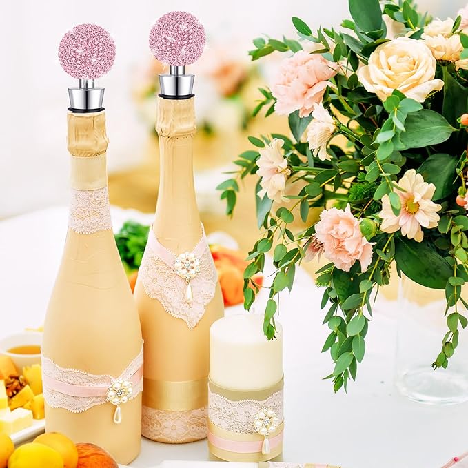 Crystal Wine Bottle Stopper Diamond Wine Stoppers Reusable Zinc Alloy Silicone Beverage Saver Corks Wine Decorative Bottle Stoppers with Sheer Bags for Wedding Bar Gifts(Pink,24 Set)