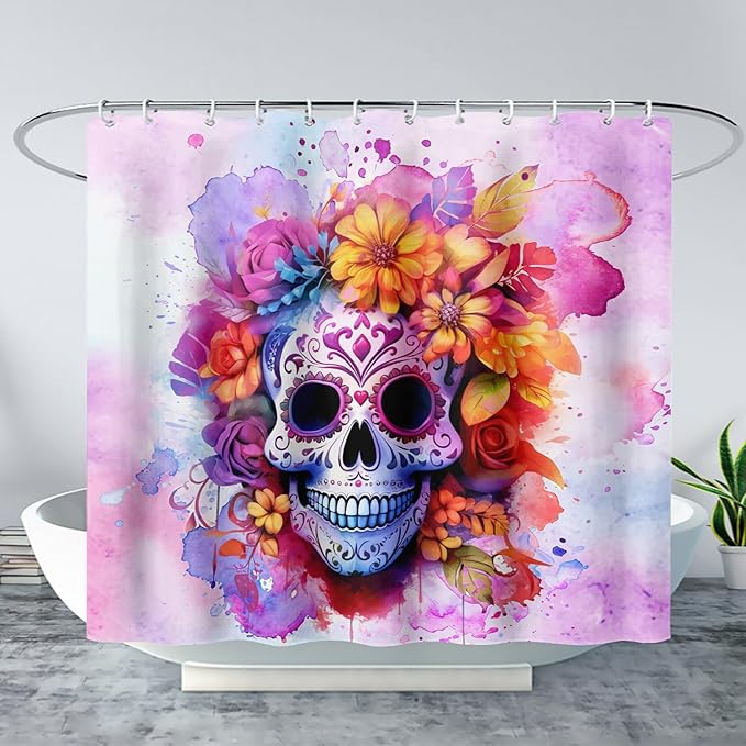 AILONEN Sugar Skull Shower Curtain for Bathroom,Pink Purple Graffiti Flower Art Bathroom Curtain for Kids Girls Teen,Bath Curtain 72" W*78" H Polyester Waterproof Bathroom Curtain with 12 Hooks
