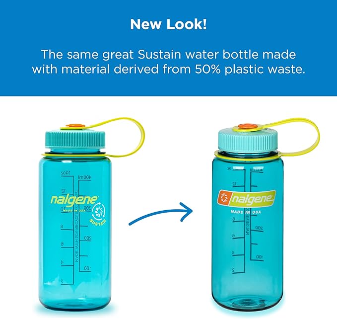 Nalgene Sustain Tritan BPA-Free Water Bottle Made with Material Derived From 50% Plastic Waste, 16 OZ, Wide Mouth, Clementine