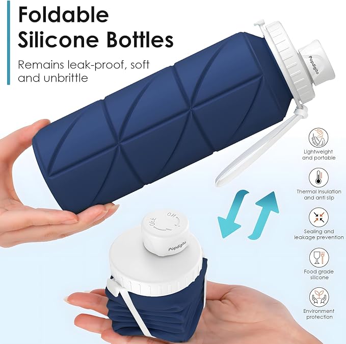 Collapsible Water Bottle 2pcs Foldable Silicone Travel Water Bottle Leakproof Flexible BPA Free Portable,Folding Water Bottle Lightweight for Camping, Hiking,Sports Travel Bottles 23oz