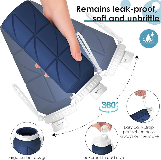 Collapsible Water Bottle 2pcs Foldable Silicone Travel Water Bottle Leakproof Flexible BPA Free Portable,Folding Water Bottle Lightweight for Camping, Hiking,Sports Travel Bottles 23oz