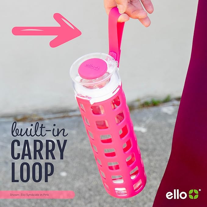 Ello Syndicate Glass Water Bottle with One-Touch Flip Lid and Protective Silicone Sleeve and Carry Loop, BPA Free, Dishwasher Safe,20oz