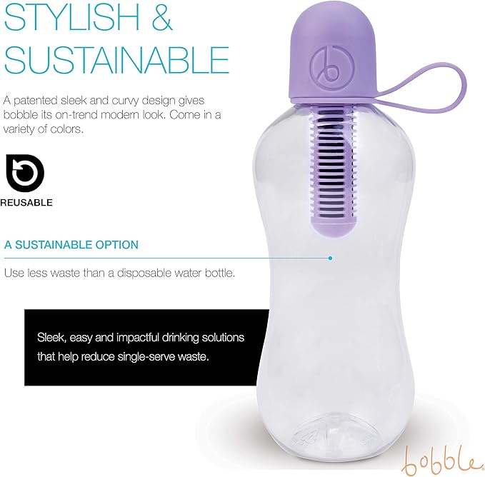 Bobble Classic Water Bottle, Filtered Water, BPA-Free Reusable Bottle, Soft Touch Carry Cap with Replaceable Carbon Filter for Sustainable Water and Hydration 34 oz - 2 Pack (Lavender)