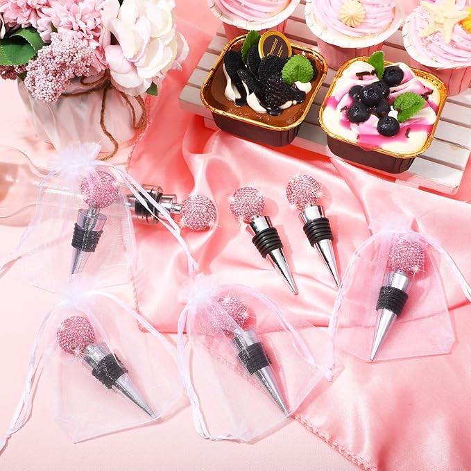 Crystal Wine Bottle Stopper Diamond Wine Stoppers Reusable Zinc Alloy Silicone Beverage Saver Corks Wine Decorative Bottle Stoppers with Sheer Bags for Wedding Bar Gifts(Pink,24 Set)