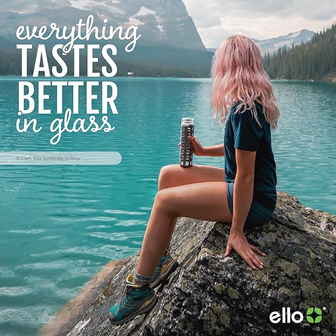 Ello Syndicate Glass Water Bottle with One-Touch Flip Lid and Protective Silicone Sleeve and Carry Loop, BPA Free, Dishwasher Safe,20oz