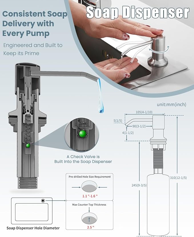 Kitchen Faucet Set, Commercial Kitchen Sink Faucets with Pull Down Sprayer and Soap Dispenser, Stainless Steel Faucets for Kitchen Sinks, Single Handle Spring Kitchen Faucets with Deck Plate