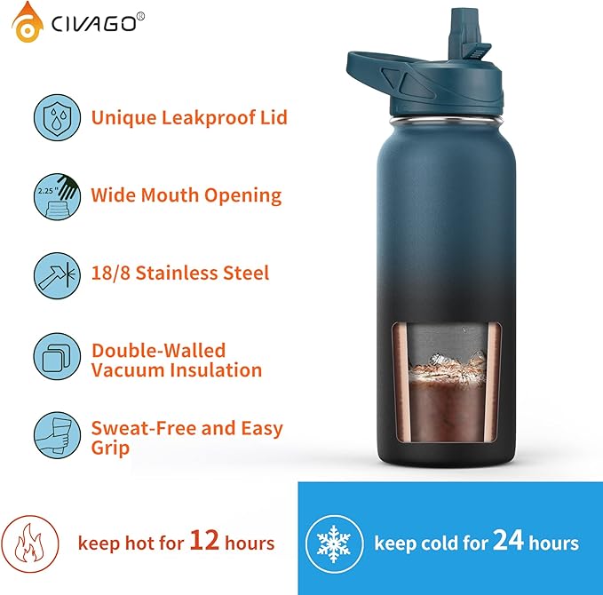 CIVAGO 32 oz Insulated Water Bottle With Straw, Stainless Steel Sports Water Flask Cup with 3 Lids (Straw, Portable Spout and Handle Lid), Double Walled Travel Thermal Canteen Mug, Rose Gold