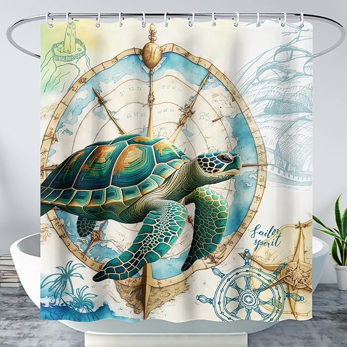 AILONEN 3D Sea Turtle Shower Curtain,Green Sea Turtle Shower Curtain for Bathroom,Nautical Anchor Waterproof Fabric Shower Curtain Set with Hooks,48" W*72" H